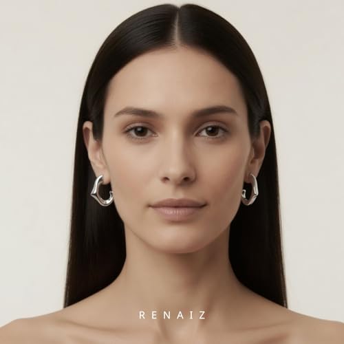 RENAIZ Bold Statement Hoop & Stud Earrings for Women – 14K Gold & Rhodium Plated Maximalist Jewelry, Chunky Geometric Boho Earrings, Hypoallergenic Non-Tarnish Trendy Gift - color: White Gold, style: Abstract