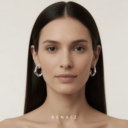 RENAIZ Bold Statement Hoop & Stud Earrings for Women – 14K Gold & Rhodium Plated Maximalist Jewelry, Chunky Geometric Boho Earrings, Hypoallergenic Non-Tarnish Trendy Gift - color: White Gold, style: Abstract
