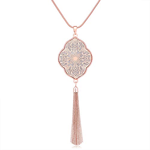 MOLOCH Long Necklaces For Woman Disk Circle Pendant Necklaces Tassel Fringe Necklace Set Statement Pendant - color: quatrefoil-shaped-rose gold