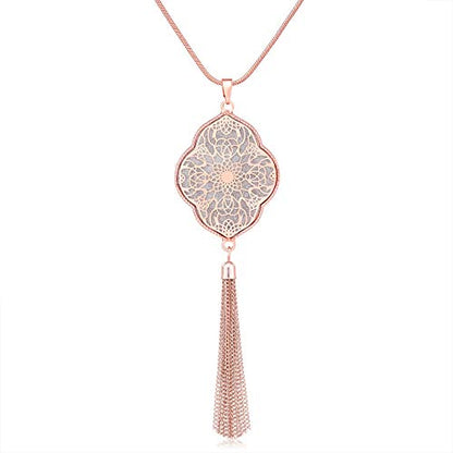MOLOCH Long Necklaces For Woman Disk Circle Pendant Necklaces Tassel Fringe Necklace Set Statement Pendant - color: quatrefoil-shaped-rose gold