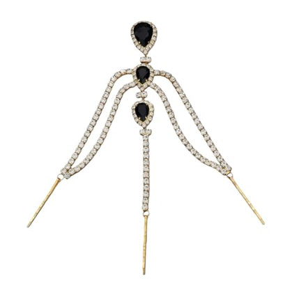 Bohemian Full Gold Rhinestone Chain Black Crystal Head Chain Clip Drop Pendant HeadPieces Forehead Headband Hair Accessories for Wedding Brides Party Prom Costume (Gold Black) - color: Gold Black