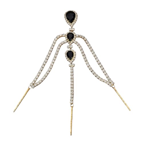 Bohemian Full Gold Rhinestone Chain Black Crystal Head Chain Clip Drop Pendant HeadPieces Forehead Headband Hair Accessories for Wedding Brides Party Prom Costume (Gold Black) - color: Gold Black