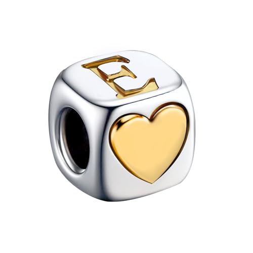 KunBead Initial A-Z Letter Gold Heart Alphabet Love Bead Birthday Charms Compatible with Pandora Charm Bracelet for Women - style: Letter E