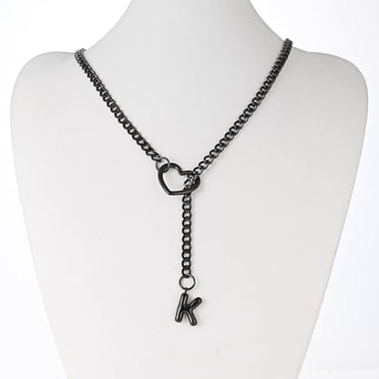 sroyte Black Heart Slip Chain Initial Necklaces for Women,Stainless Steel O-Ring Adjustable Lariat Heart Y-Necklace,Punk Gothic Cuban Collar Choker Necklace for women - color: Black K