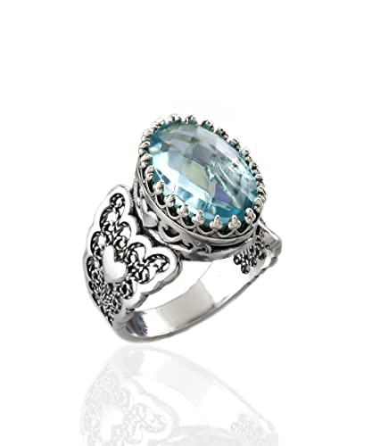 Filigranist 925 Sterling Silver Handcrafted Filigre Art Double Heart Detailed Women Cocktail Ring with Gemstones - color: Sky Blue Topaz