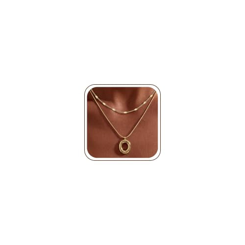 14K Gold/Silver Plated Dainty Snake Chain Layered Necklace for Women | Irregular Oval Pendant Minimalist Dainty Statement Gold Layering Everyday Jewelry - color: Gold - Satin