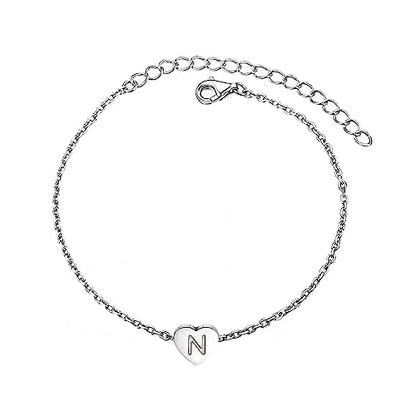 KunBead Initial Engraved Letter Bracelets Dainty Mini Size Heart Love Charm Stainless Steel Bracelets for Women Birthday Jewelry - style: N