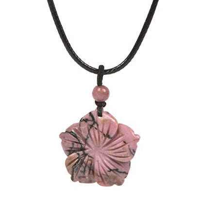 Justinstones Hand Carved Healing Crystals Gemstone Hawaii Flower Pendant Hand Weaving Wax Rope Necklace 22 inch - color: Matrix Rhodonite