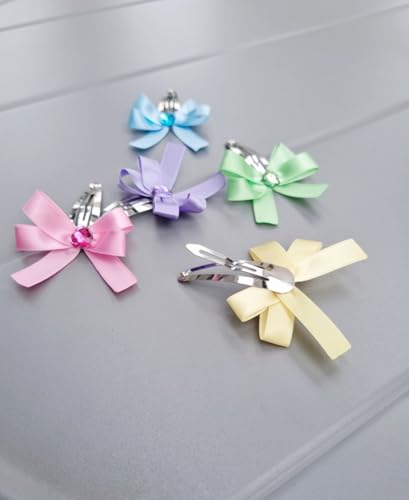 Heart Gem Ribbon Hair Snap Clips with Satin Bow, Multicolor Set of 5, Pink Yellow Green Blue Purple, 2 Inch
