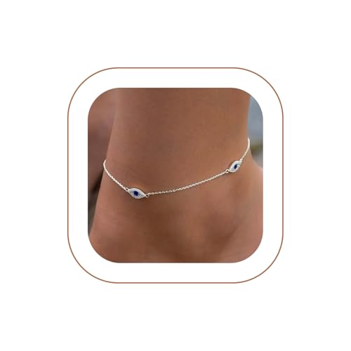 Rotnso Anklets for Women 14K Gold Silver Plated Ankle Bracelets Trendy Waterproof Boho Anklets Set Adjustable Dainty Cute Diamond Beaded Heart Non Tarnish Summer Beach Jewelry Gift - style: Evil Eye Diamond-SL