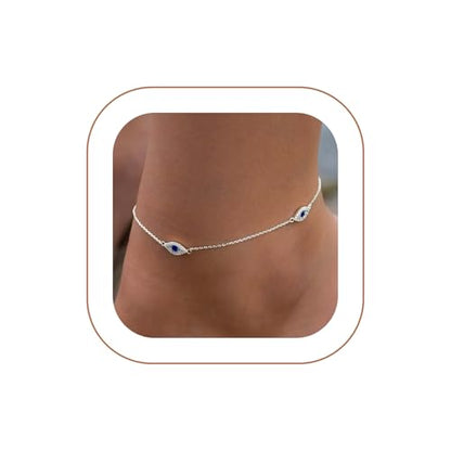 Rotnso Anklets for Women 14K Gold Silver Plated Ankle Bracelets Trendy Waterproof Boho Anklets Set Adjustable Dainty Cute Diamond Beaded Heart Non Tarnish Summer Beach Jewelry Gift - style: Evil Eye Diamond-SL
