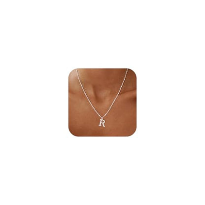 Initial Necklaces for Women - 14K Gold Silver Plated Letter Necklace Name Personalized Dainty Fashion Chain Non Tarnish Single Cute Pendant Necklace Charm Jewelry Gift for Women Her - color: Silver, style: R