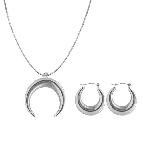 3 Circles Silver Hoop Earrings Necklace Set for Women Geometric Jewelry Set | 925 Silver Hypoallergenic Small Hoop Circle Geometry Textured Finish Minimalist Style Comfortable Wear - style: Crescent Moon Set