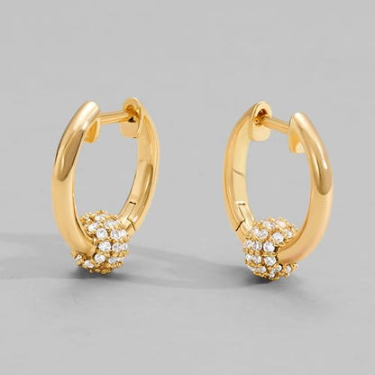 DREMMY STUDIOS Gold Dainty Huggie Hoop Earrings 18K Gold Plated Exquisite Open Tassel Dangle Charm Drop Sleeper Geometric Cross Coin Star Heart White CZ Simple Hypoallergenic Earrings for Women - color: Drop-White Ball