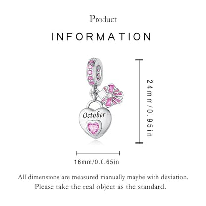 LNQOBU 925 Sterling Silve Heart-shaped Birthstone Charm for Bracelets, With 5A Cubic Zirconia Birthday Charms Dangle Pendant Bead for Pandora Bracelets - color: J-October