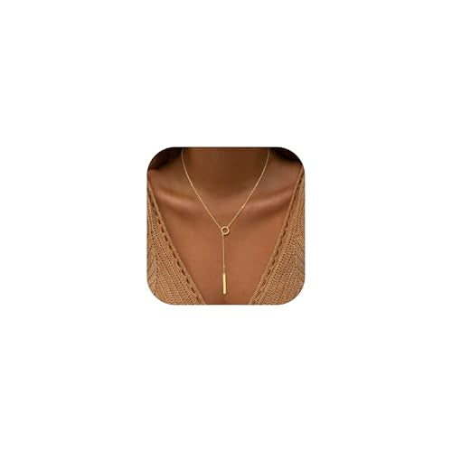 Lariat Necklace for Women, Dainty 14K Gold/Silver Plated Long Necklaces for Women Trendy Simple Layered Y-Shaped Pendant Necklace Adjustable Fashion Jewelry Gift - color: Gold, style: Bar Pendant