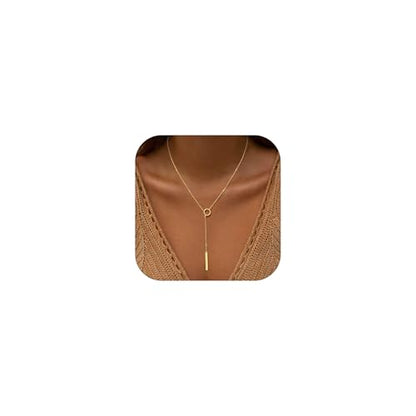 Lariat Necklace for Women, Dainty 14K Gold/Silver Plated Long Necklaces for Women Trendy Simple Layered Y-Shaped Pendant Necklace Adjustable Fashion Jewelry Gift - color: Gold, style: Bar Pendant