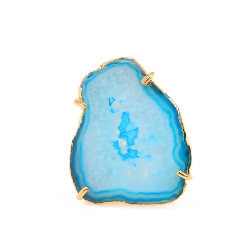 Natural Agate Geode Slice Crystal Gemstone Free-Form Stone Ring Gold Electroplated Adjustable Rings for Women stone Size 30-40mm - color: Aqua