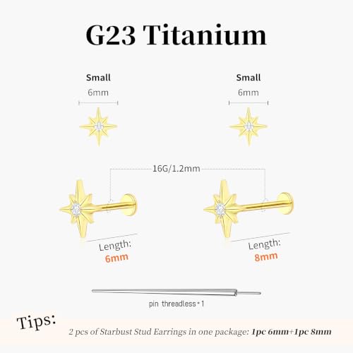 Flat Back Stud Cartilage Earrings Tragus Helix Piercing Jewelry Titanium | Conch Nose Piercing,Small Tiny Studs for Women,Threadless/Internally Threaded,Surgical Steel,Hypoallergenic,16G/18G/20G - color: Gold02-Starburst (6mm*1+8mm*1), size: Threadless-16