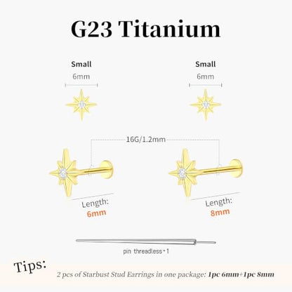 Flat Back Stud Cartilage Earrings Tragus Helix Piercing Jewelry Titanium | Conch Nose Piercing,Small Tiny Studs for Women,Threadless/Internally Threaded,Surgical Steel,Hypoallergenic,16G/18G/20G - color: Gold02-Starburst (6mm*1+8mm*1), size: Threadless-16