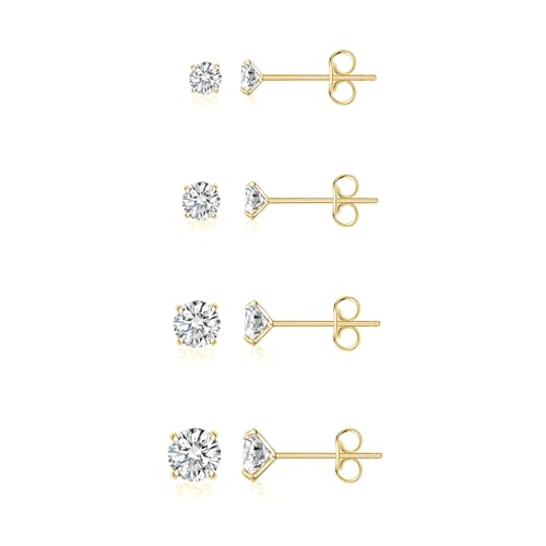 BMMYE 4 Pairs Silver Stud Earrings for Women Stainless Steel Ball Earrings | Small 14 Gold Plated Earrings Studs Set with Cubic Zirconia Waterproof Hypoallergenic Silver Ball Earring for Women - color: 4pair gold cz