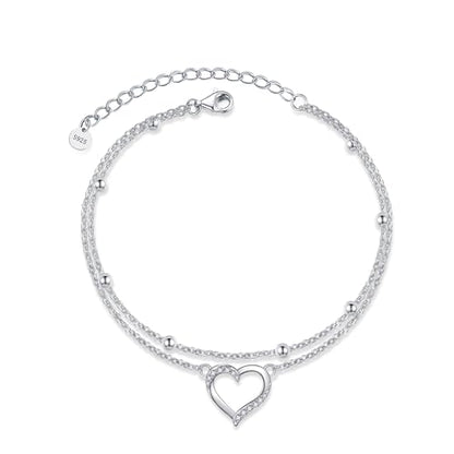 POPLYKE 925 Sterling Silver Double Layered Chain Evil Eye Daisy Sunflower Butterfly Anklets for Women Holiday Beach Crystal Ankle Bracelet Dainty Evil Eye Jewelry - style: Heart Anklet