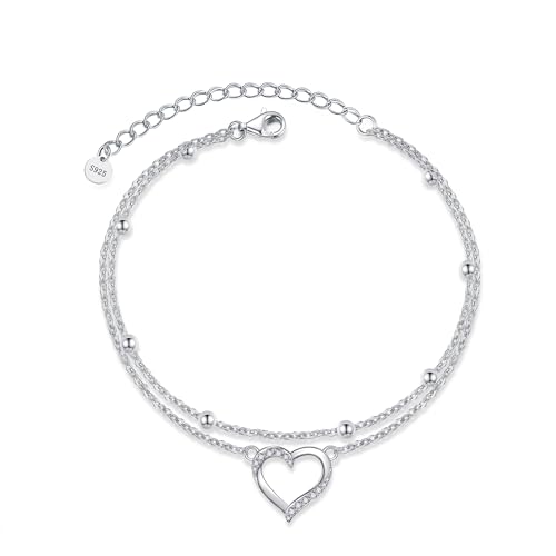 POPLYKE 925 Sterling Silver Double Layered Chain Evil Eye Daisy Sunflower Butterfly Anklets for Women Holiday Beach Crystal Ankle Bracelet Dainty Evil Eye Jewelry - style: Heart Anklet