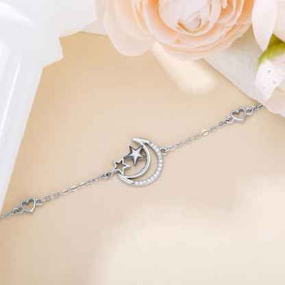 925 Sterling Silver Anklet Foot Bracelet with Crystal from Austria, Anklet Jewelry Gifts for Women 11 Inch Adjustable - style: Moon and Star