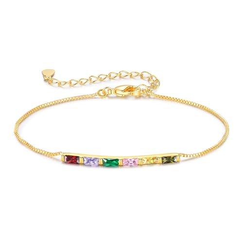 Sterling Silver Personalized 1-6 Birthstone Bracelet for Women Mothers Day Bracelet for Mom Daughter Custom Dainty Jewelry for Christmas Birthday Gift Ideas - style: Gold-6 stones