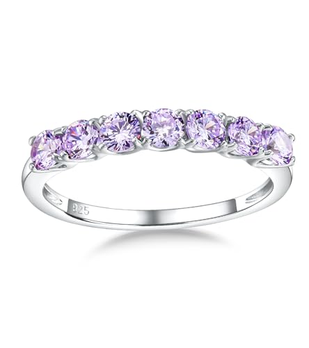Birthstone Wedding Band Eternity Rings 925 Sterling Silver Rings Stackable Anniversary Engagement Rings Cubic Zirconia Inlaid Created Garnet/Amethyst/Sapphire Ring 7 Stone Ring, Size 6 to 10 - color: Alexandrite