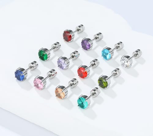 Titanium Flat Back Surgical Stainless Steel Stud Earrings for Women Men,Birthstone Stud Earrings Hypoallergenic Double Side 5A Cubic Zirconia Studs Jewelry 6mm - color: December(Tanzanite)