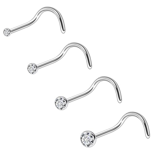 ASTM F136 Titanium Nose Rings 18G 20G 22G Jeweled Clear Round Cubic Zirconia Nose Studs Ring Screw L-Shaped Bone Hypoallergenic Body Piercing Jewelry for Women 1.5mm 2mm 2.5mm 3mm 4PCS - style: Screw:20G(0.8mm)