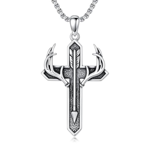 ROMANTICWORK Cross Necklace for Men 925 Sterling Silver Three Nail Cross/Atheist/Anchor/Skull Pendant Christian Protect Jewelry Birthday Gifts for Husband - color: Antler Arrow Cross