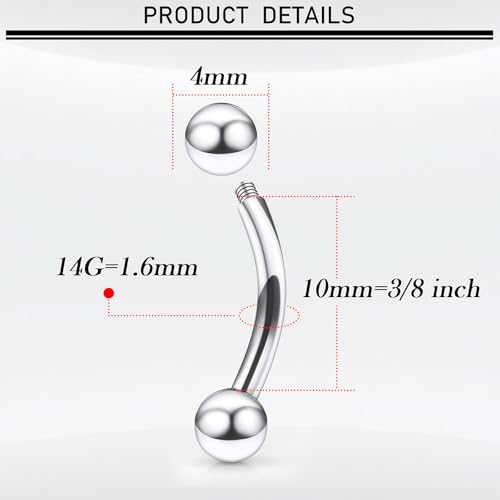 18G-00G Eyebrow Rings Internally Threaded Snake Eyes Piercing Jewelry Tongue Surgical Steel Curved Barbell Vertical Lip Labret Rook Daith Earrings Piercing Jewelry for Women Men 6mm-19mm - color: silver, size: 14G(1.6mm)-10mm barbells-4mm Balls