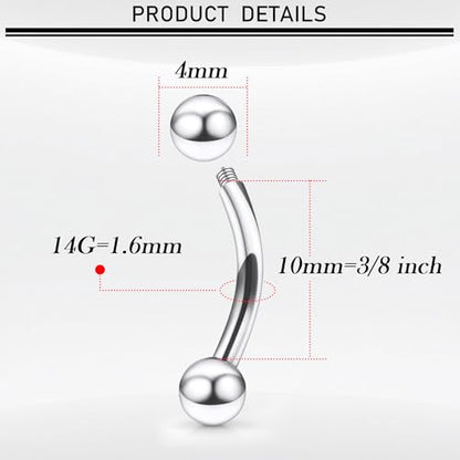 18G-00G Eyebrow Rings Internally Threaded Snake Eyes Piercing Jewelry Tongue Surgical Steel Curved Barbell Vertical Lip Labret Rook Daith Earrings Piercing Jewelry for Women Men 6mm-19mm - color: silver, size: 14G(1.6mm)-10mm barbells-4mm Balls