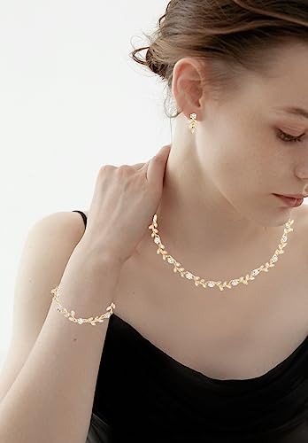 Austrian Crystal Rhinestone Choker Necklace Dangle Earring Link Bracelet Jewelry Set for Brides Bridesmaid Prom Costume Accessories for Women - color: En001-White-Gold Plated