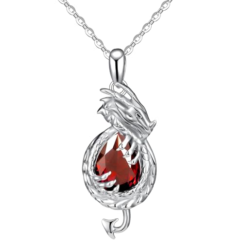 Dragon Necklace Sterling Silver Wyvern Pendant Jewelry with Teardrop Birthstone Gifs for Women - style: Dragon necklace-Garnet stone