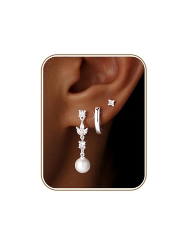 M MOOHAM Pearl Earrings for Women, 14K Gold Plated Pearl Drop Earrings | Hypoallergenic Pearl Dangle Earrings Set, Dainty Flat Back Stud Earring Stack, Bridal Shower Gifts, Wedding Jewelry - color: Silver