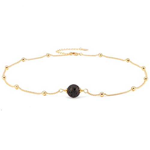 Aobei Pearl 18K Gold Plated Paperclip Chain Choker Satellite Chain Freshwater Cultured Biwa Pearl Pendant Necklace Dainty Turquoise Jewelry for Women - color: Lava Bead