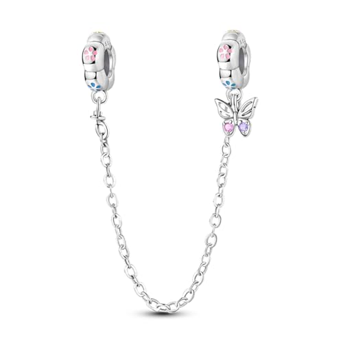 LNQOBU 925 Sterling silver Safety Chain for Bracelet,Family Forever Safety Chain Charm for Bracelet Stopper Spacer Charm Clip Charms Dangle Pendants Beads Jewelry Gift for Women - color: Flowers and butterflies