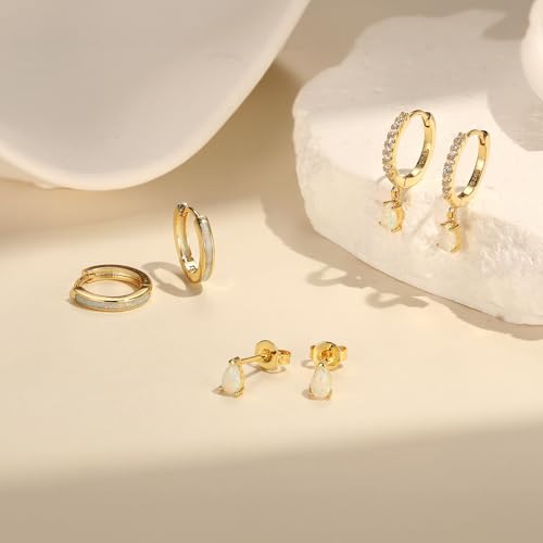 Opal Earrings Set for Women, Birthday Gift for Her, Sterling Silver | 14K Gold Plated, Hypoallergenic S925 Opal Hoop Stud Earrings for Women with Sensitive Ears, Dainty earring Stacks—Trendy Opals Jewelry 2026 - color: Gold Opal Drop Dangle