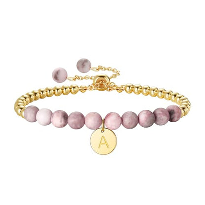 Ritach Initial Bracelets for Girls Kids - Pink Zebra Natural Stone Disc/Heart Initial Bracelet Adjustable Gold/Silver Beaded Bracelets for Girls Kids Teen Girl Jewelry Birthday Gifts - color: A-Gold