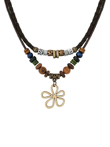 MINACHI Layered Boho Wood Bead Choker Necklace, Hollow Flower Charm, Personality Jewelry for Men and Women - style: Necklace L10-032