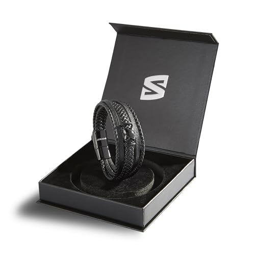 SERASAR Premium Leather Bracelet Men | Stainless Steel Magnetic Clasp | Three Colors | Jewelry Box Included - color: Black, size: 17cm, style: Flake