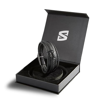 SERASAR Premium Leather Bracelet Men | Stainless Steel Magnetic Clasp | Three Colors | Jewelry Box Included - color: Black, size: 17cm, style: Flake