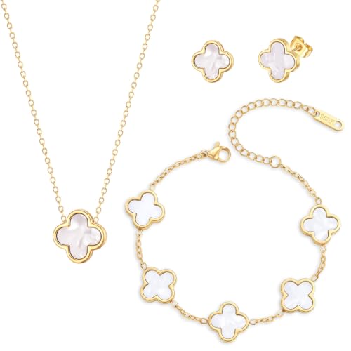 Clover Necklace Bracelet and Stud Earrings Jewelry Sets for Women | 18K Gold Plated Stainless Steel, Black/White Four Leaf Clover set,Christmas Birthday Lucky Gifts for Mom Wife Girlfriend - color: Gold White 3PCS