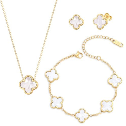 Clover Necklace Bracelet and Stud Earrings Jewelry Sets for Women | 18K Gold Plated Stainless Steel, Black/White Four Leaf Clover set,Christmas Birthday Lucky Gifts for Mom Wife Girlfriend - color: Gold White 3PCS