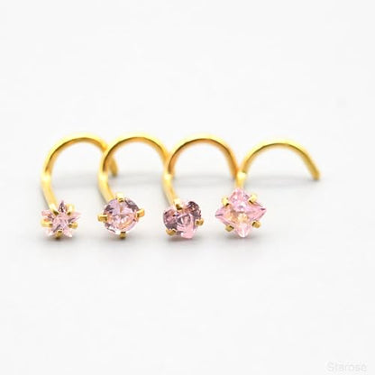 8 Pcs-Pack, Crystal Nose Studs, 20G Stainless Steel, 3mm Zircon, Multiple Shapes Zircon Labret Nose Piercing Ear Jewelry - color: Pink