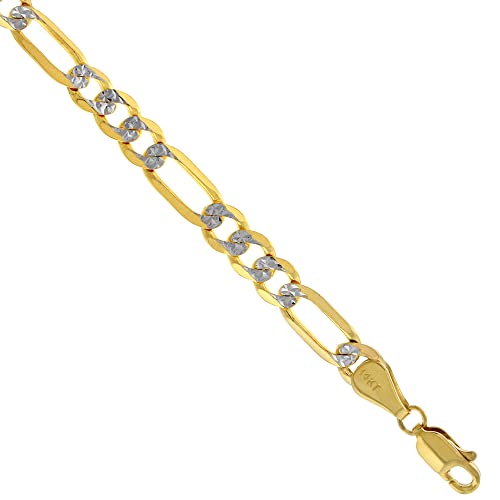 Solid 14k 2-Tone Gold Pave Diamond Cut 5.5mm Figaro Chain Necklaces & Bracelets for Men and Women Lobster Clasp 8-30 inch