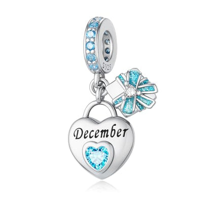 925 Sterling Silver Birthstone Bracelet Charm - Unique Heart Shaped Design, Fits most Europe Pandora Bracelets and Necklaces, women's DIY holiday Gifts - style: L-December